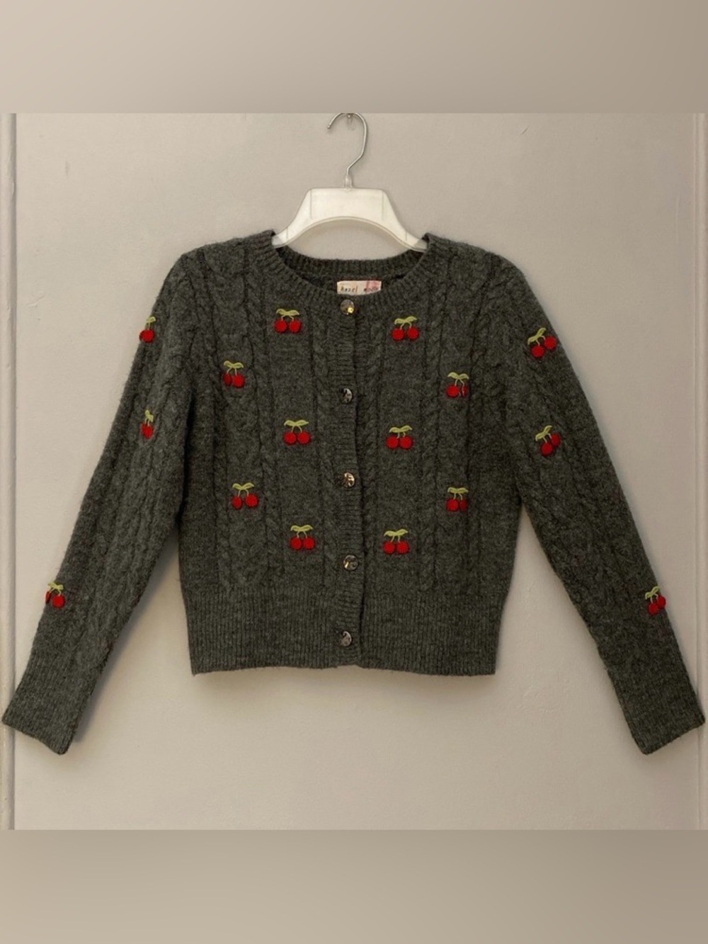 HAZEL MOON Red Cherries Cherry Novelty Gray Cozy Cropped Crop Cardigan Sweater M